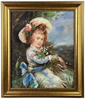 Auguste Renoir (in Style) Girl w Flowers Painting