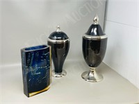3 pcs- Blue art glass vase + 2 glass jars w/ lids