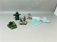 5 small figures, Jade, Pewter, glass & stone