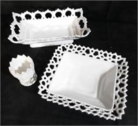 Two Milkglass Serving Dishes & Vase