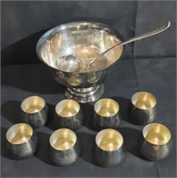 Silver-Plated Punch Bowl with Eight Cups and Ladle