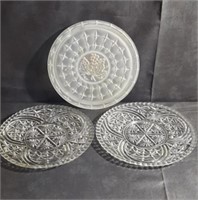 2 Clear Glass Platters & 1 Frosted Cake Plate