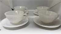 4 Milk Glass Flower Embossed Cups & Saucers