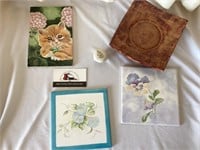 Betty Volz painted trivets and clay tray