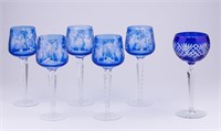 Six Blue Crystal Bohemian Goblets