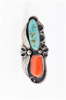 Native American Silver Turquoise Coral Ring