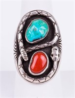 Native Am. Silver Turquoise Coral Snake Ring