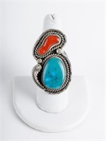 Fine Native Am. Silver Turquoise Coral Ring