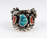 Signed Native Am. Silver Turquoise Coral Ring