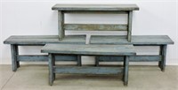 4pc Wood Distressed Blue Benches