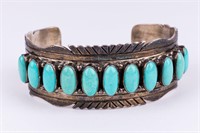 Native Am. Silver Turquoise Signed Bracelet
