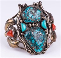 Native American Signed Turquoise Coral Bracelet