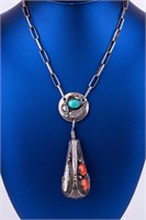 Native Am. Silver Turquoise Coral Necklace
