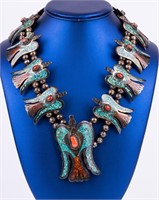 N.A. Silver Turquoise Coral Eagle Necklace