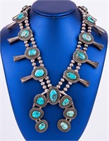 Native Am Silver Turquoise Squash Blossom Necklace