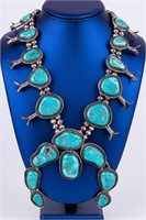 Native Amer Ster Turquoise Squash Blossom Necklace