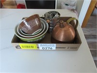 Pyrex Bowls, flower sifter, kettle