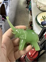 GREEN GLASS ELEPHANT / TRUNK UP LUCKY