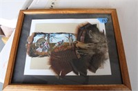 Framed Turkey Artwork with Painted Feather