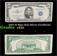 1953 $5 Blue Seal Silver Certificate Grades vf+
