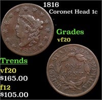 1816 Coronet Head Large Cent 1c Grades vf, very fi