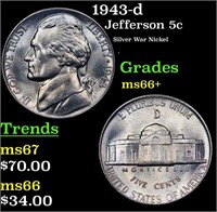 1943-d Jefferson Nickel 5c Grades GEM++ Unc