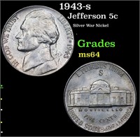 1943-s Jefferson Nickel 5c Grades Choice Unc