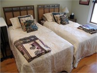 PAIR DREXEL TWIN BEDS WITH LINENS & THROWS