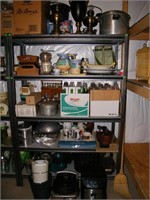 5 SHELF UNIT WITH CONTENTS, BRASS LAMPS, PRESSURE