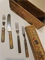 Vintage wood cheese box and utensils