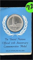 U.N. 25th ANNIVERSARY .925 STERLING SILVER MEDAL