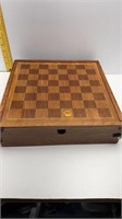 WOODEN CHESS BOARD W/ CHESS-CHECKERS-POKER CHIPS