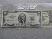 1953 Red Seal 2 Dollar Bill &1957 Silver Certifica