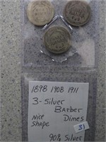 1898,1908,1911 Silver Barber Dimes 90% Silver