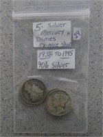 5 Silver Mercury Dimes 1938-1945 90% Silver