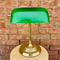 Vintage Brass Bankers Lamp with Green Glass