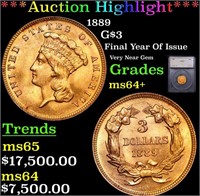***Auction Highlight*** 1889 Three Dollar Gold 3 G