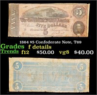 1864 $5 Confederate Note, T69 Grades f details