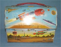 Early space themed domed shaped lunch box
