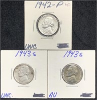1942p 1943s Wwii Silver Nickels Uncirculated Au