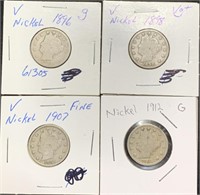 1896,1898,1907,1912 Liberty V-nickels American