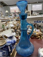 Blue decanter, pitchers, plate