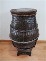 Vintage Filipino Tribal Woven Basket 32"T w/Wood