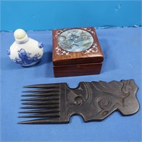 African Hand Carved Ebony Comb, Vintage Chinese