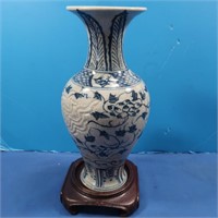 Vintage Chinese Pottery Vase w/Wooden Base
