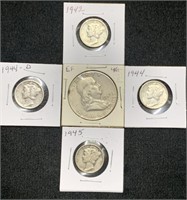 40s 50s Silver Franklin Half, 4-silver Merc Dimes
