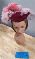 BURGUNDY VICTORIAN HAT WITH PINK PLUMMAGE