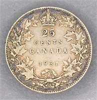 1931Canada Silver 25 Cent Piece