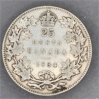 1934 Canada Silver 25 Cent Piece