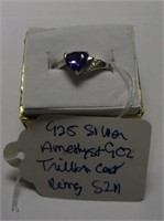 925 Silver Amethyst Trillion Cut Ring SZ 11